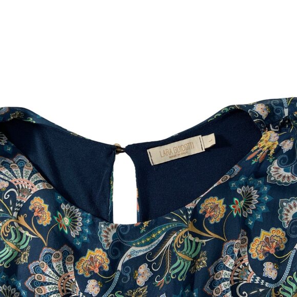 Lara Guidotti Dress L Navy Blue Floral Sleeveless Ruffle Midi Silk Blend Italy - Picture 3 of 12